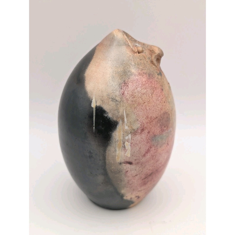 Signed Pottery Raku Vessel Penquin Or Face Like Sculpture Pink Black‎ Vintage